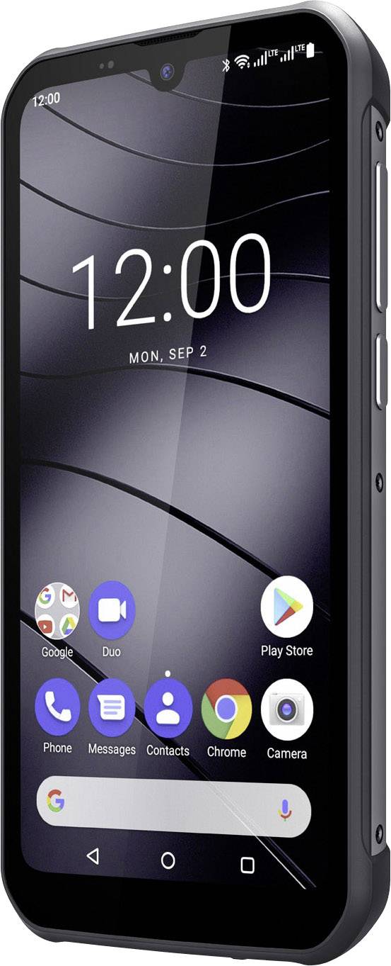 Ein Smartphone mit Abbildung des Bildschirms; zeigt die Uhrzeit 12:00 und mehrere App-Symbole wie Telefon, Nachrichten und Chrome.