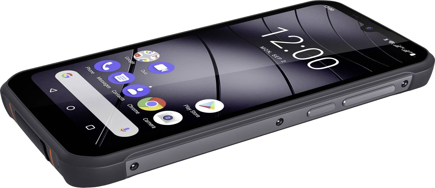 Ein modernes Smartphone mit robustem Design, schwarzem Gehäuse und großem Touchscreen. Verschiedene App-Symbole sind sichtbar.