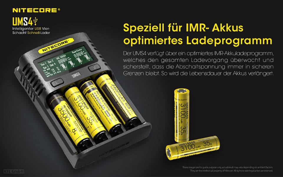 'Nitecore UMS4 Ladegerät für IMR-Akkus. Zeigt vier geladene Batterien im Gerät. Erklärt optimiertes Ladeprogramm und Sicherheitsmerkmale.'