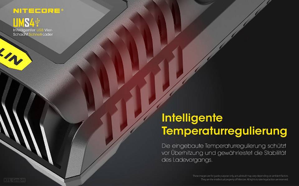 Ladegerät mit integrierter Temperaturregulierung, verhindert Überhitzung und sorgt für stabile Ladebedingungen. Nitecore UMS4.