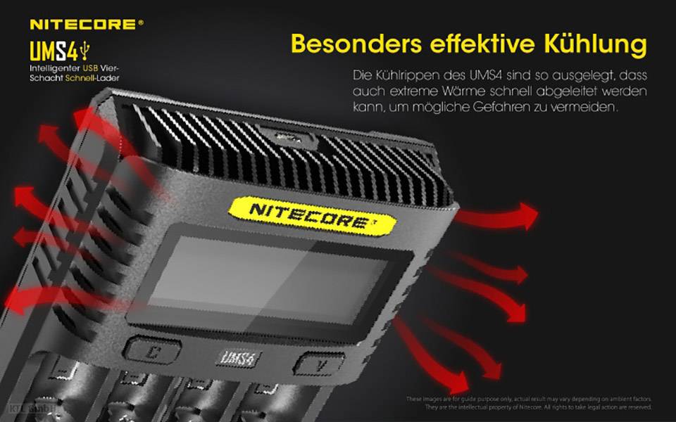 'NITECORE Ums4': Intelligenter USB Vier-Schacht-Schnell-Lader mit besonders effektiver Kühlung und Wärmedispersion.