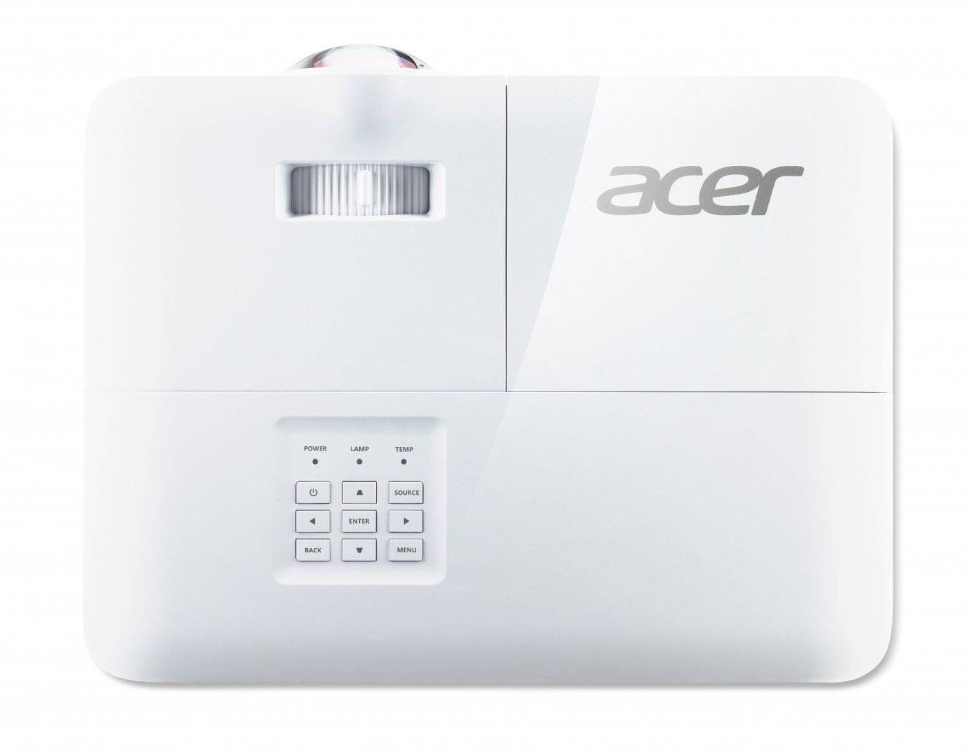 Ein weißer Acer-Projektor von oben, zeigt Bedienelemente und Lüftungsschlitze. 