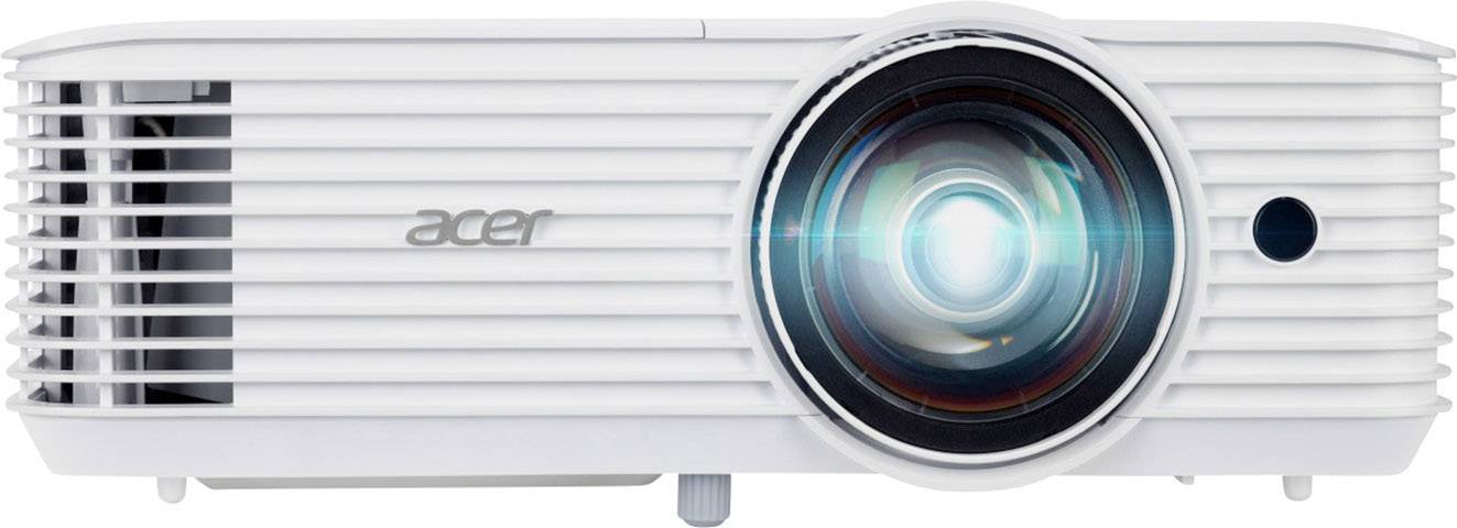 Ein weißer Projektor der Marke Acer mit leuchtender Linse, geeignet für Präsentationen oder Heimkino.