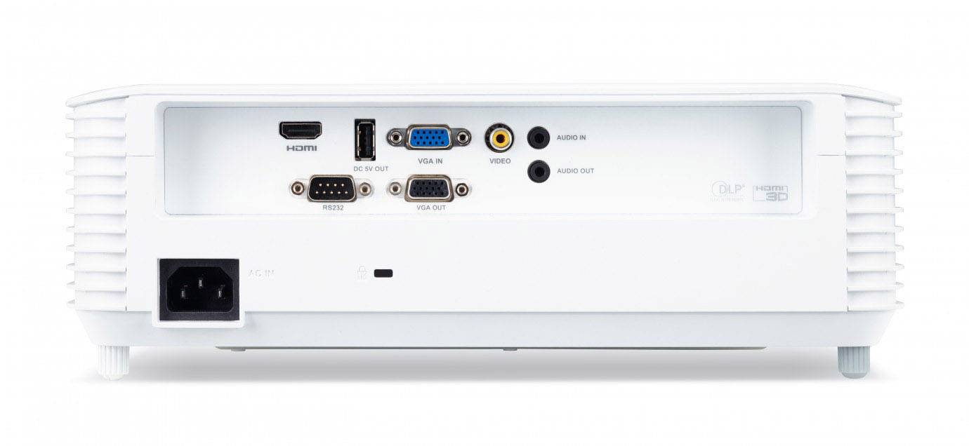 Rückansicht eines Projektors mit verschiedenen Anschlüssen: HDMI, VGA, USB, RS-232, Video-In, Audio-In und Netzanschluss.