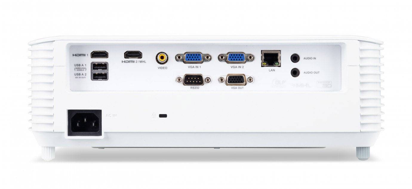 Rückseite eines Projektors mit verschiedenen Anschlüssen: HDMI, USB, VGA, Video, Audio, LAN. Funktion zur Verbindung mit externen Geräten.