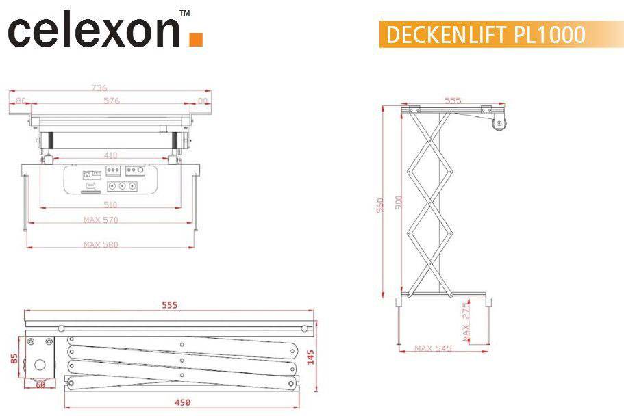 'Celexon Deckenlift PL1000': Technische Zeichnung mit Maßen, zeigt den Deckenlift mit Scherenmechanismus für Beamer, max. 576 mm Breite.