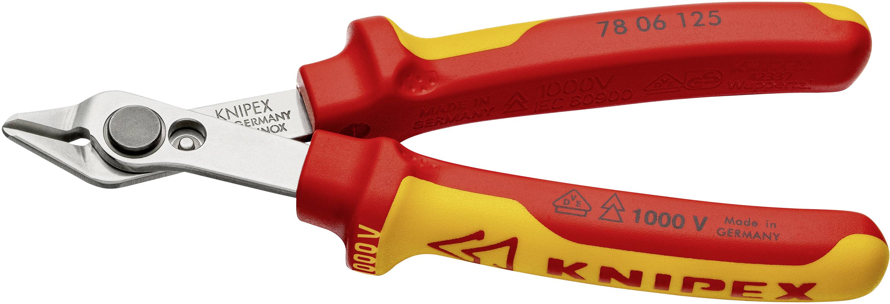 Eine rote und gelbe Isolierzange von Knipex, geeignet zum Schneiden von Kabeln; isoliert für Arbeiten bis 1000 Volt.
