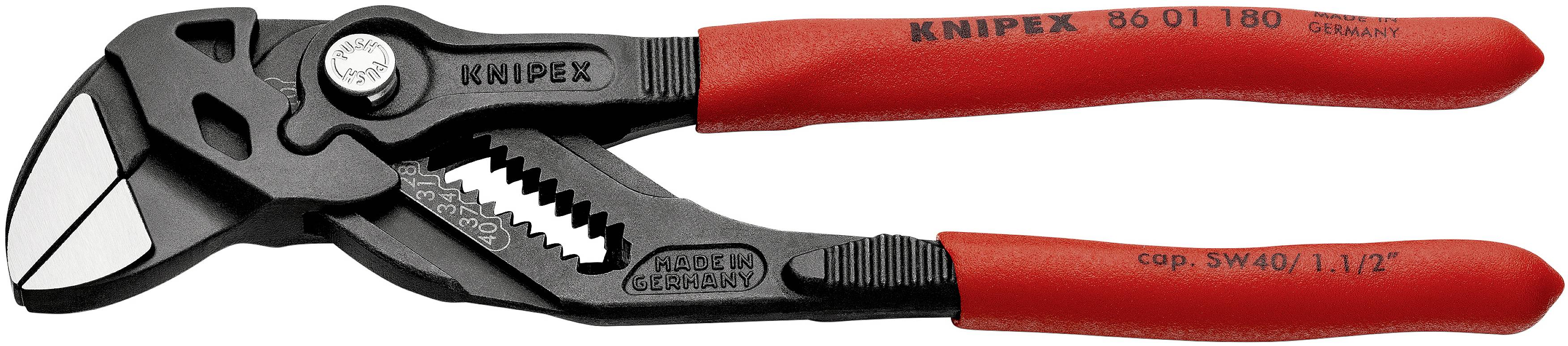 Eine Zange mit rot-schwarzen Griffen, geeignet zum Schneiden von Metall oder Draht, mit der Aufschrift 'KNIPEX' auf dem Griff.