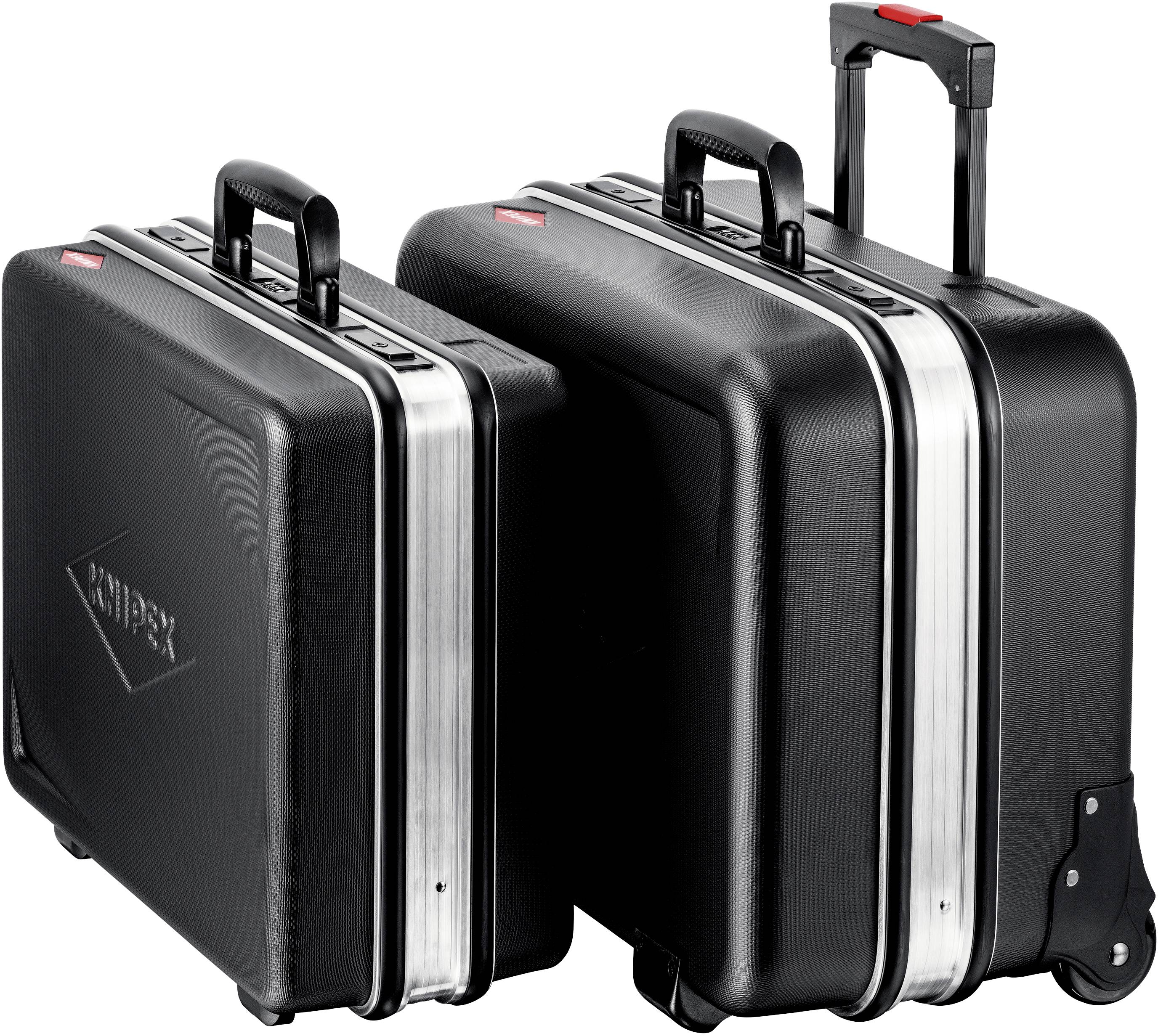 Zwei rechteckige, schwarze Koffer mit Teleskopgriffen und silbernen Akzenten stehen nebeneinander; einer ist etwas größer als der andere.