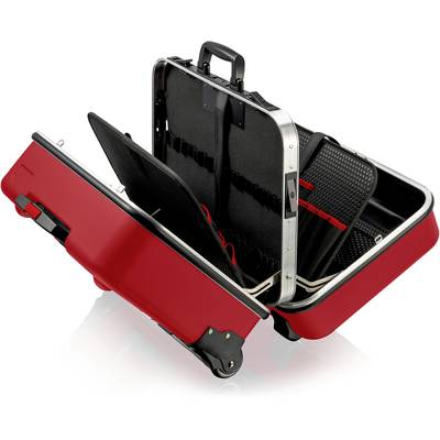 Roter, geöffneter Koffer mit Rollen, zeigt Innenfächer, geeignet für Reisen.