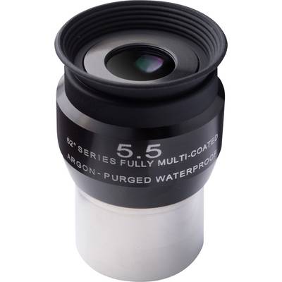 Ein Okular mit der Beschriftung '5.5 82° Series Fully Multi-Coated Argon-Purged Waterproof'; es hat eine metallische Basis und eine Linse oben.