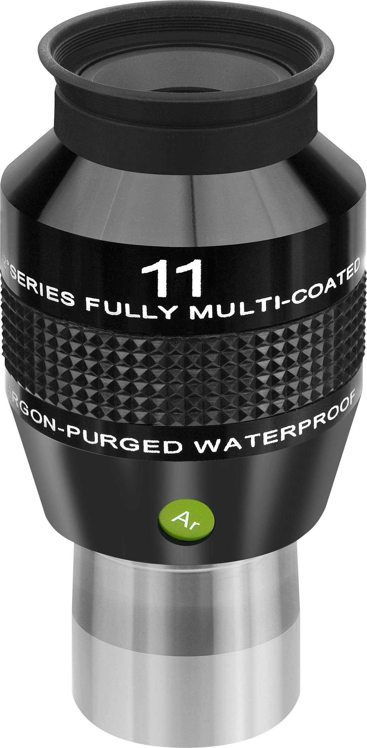 Ein schwarzes Teleskop-Okular mit der Aufschrift '11 Series Fully Multi-Coated' und 'Argon-Purged Waterproof'.