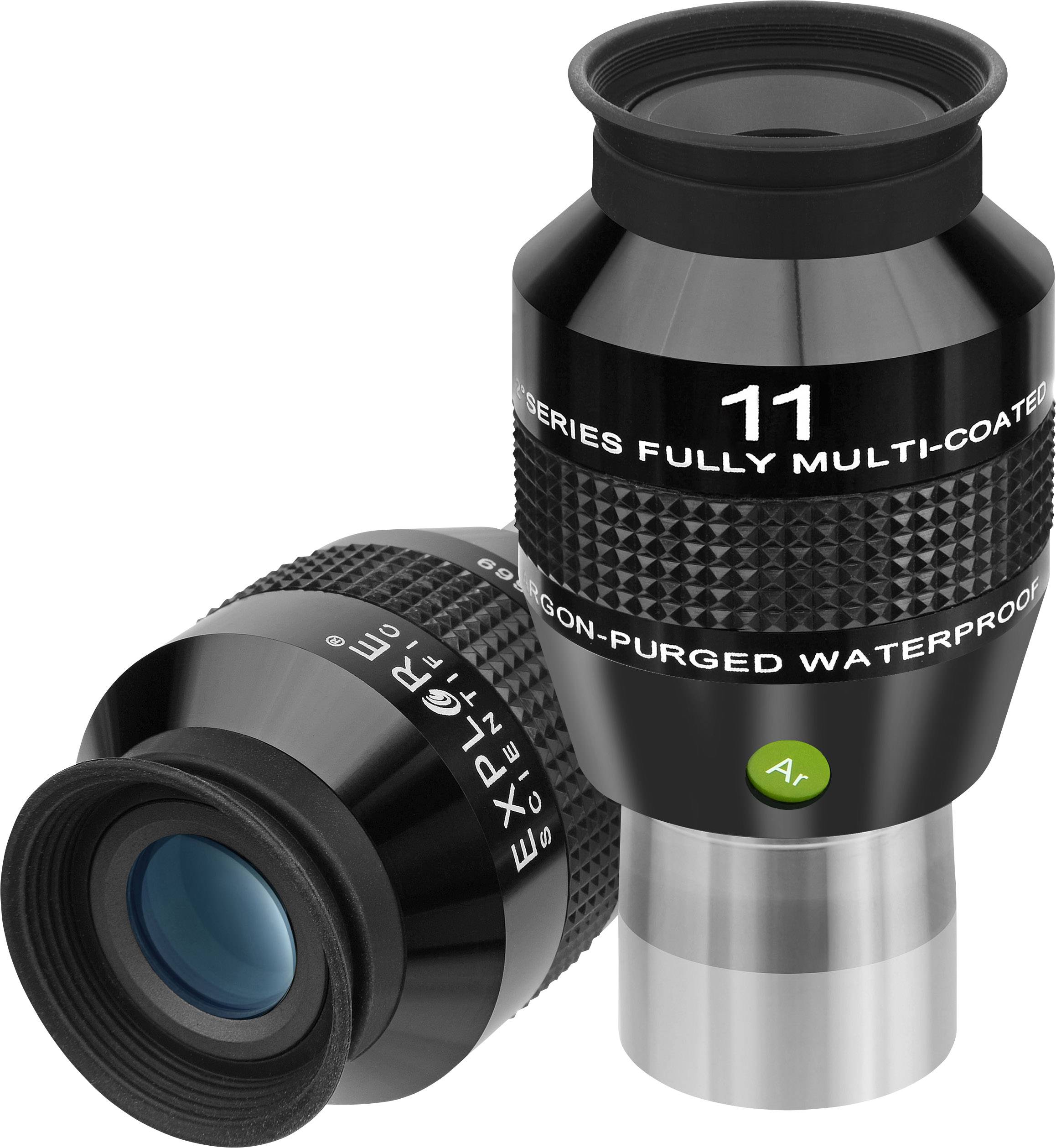 Zwei schwarze Teleskop-Okulare mit blauer Linse. Aufschrift auf dem Okular: '11', 'Series Fully Multi-Coated', 'Argon-Purged Waterproof'.
