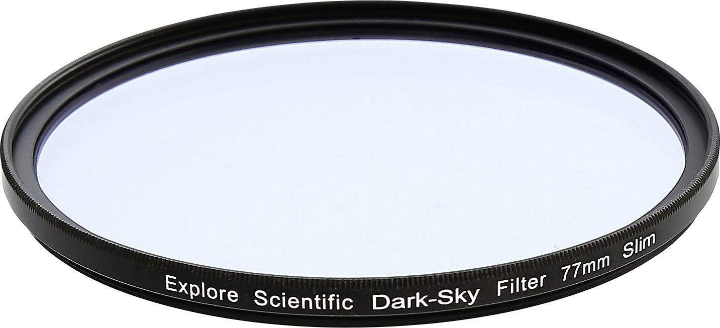 Runder blauer Fotofilter mit der Aufschrift 'Explore Scientific Dark-Sky Filter 77mm Slim'.