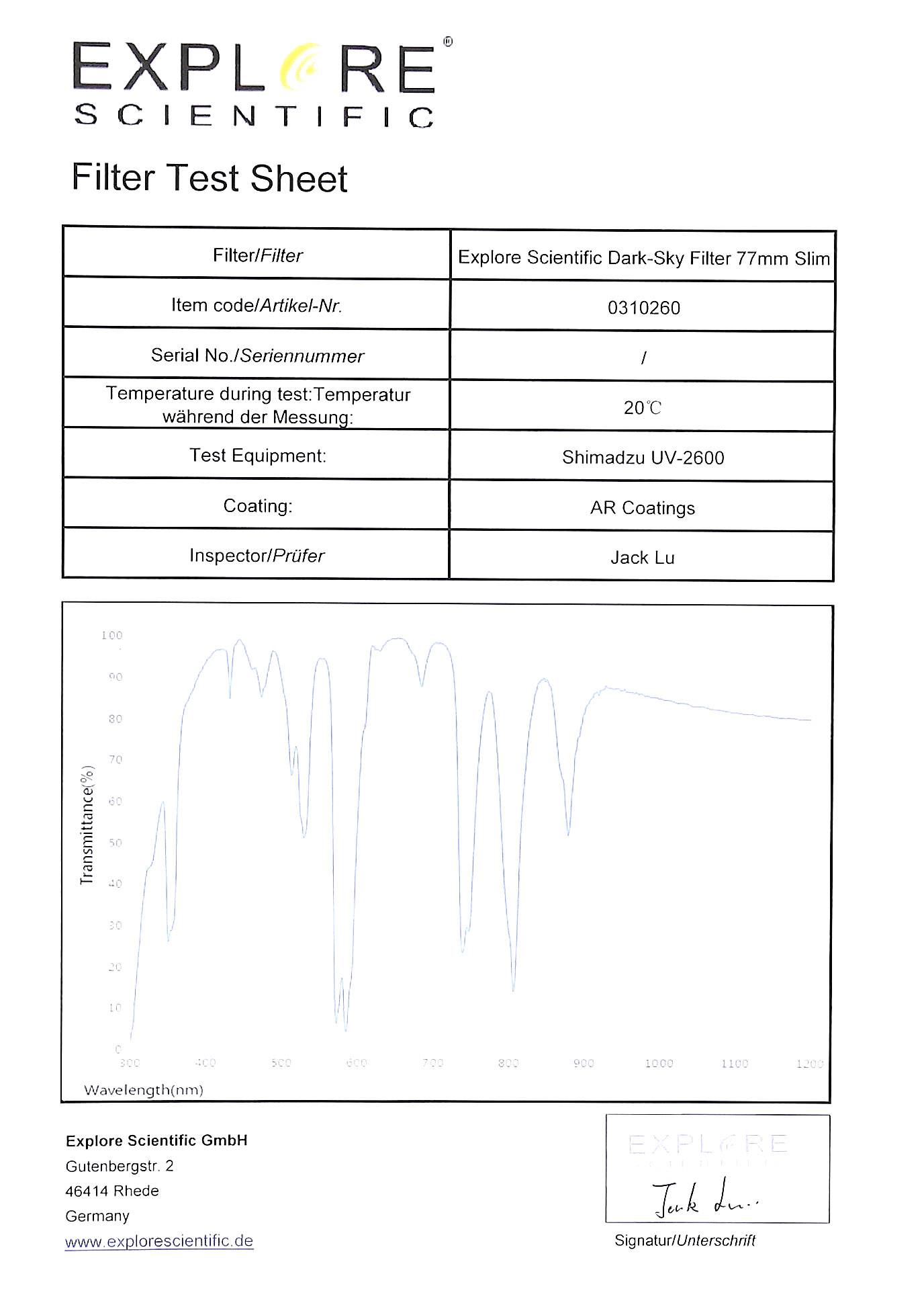 'Filter Test Sheet' von Explore Scientific für einen 77 mm Slim-Filter. Seriennummer: 0310260. Tester: Jack Lu. Test bei 20°C. Gerät: Shimadzu UV-2600. Beschichtung: AR Coatings.