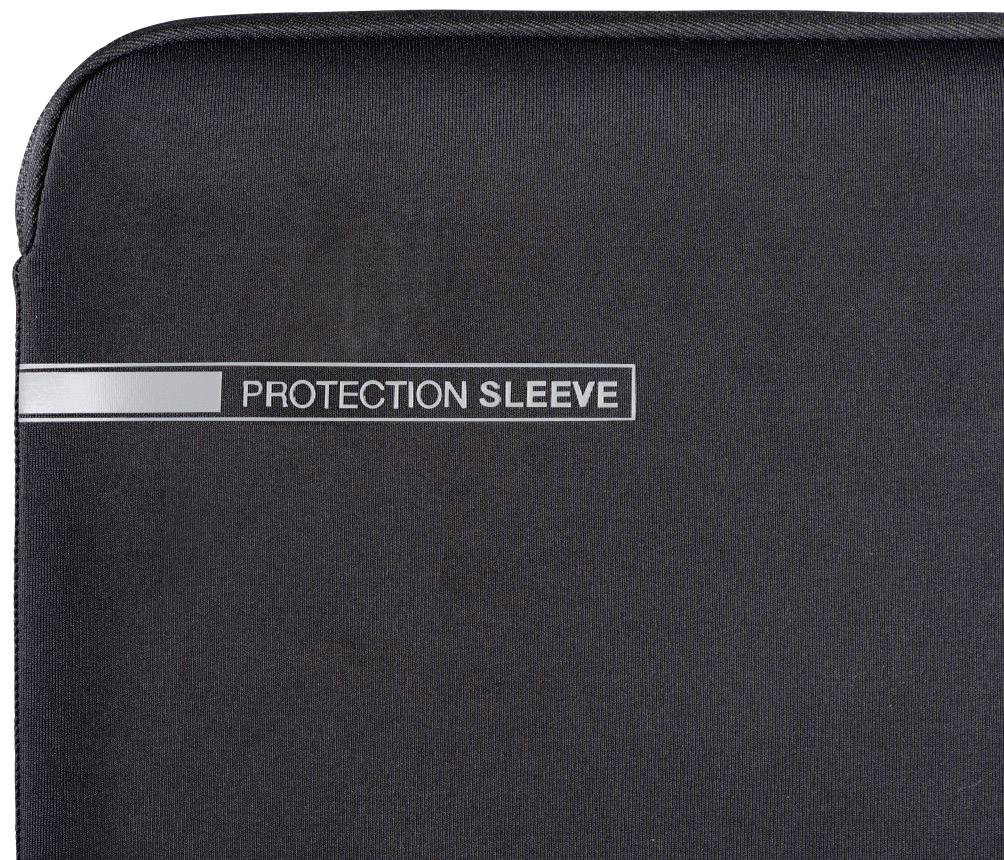 Schwarze Notebook-Schutzhülle mit dem Aufdruck 'Protection Sleeve' in weißen Buchstaben und einem grauen Streifen darüber.