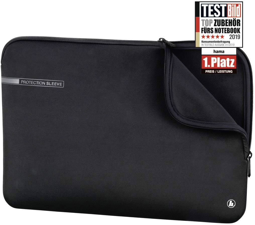 Schwarze Notebook-Schutzhülle mit Reißverschluss, Label 'Protection Sleeve' und Aufkleber 'TestBild 1. Platz Preis/Leistung 2019'.