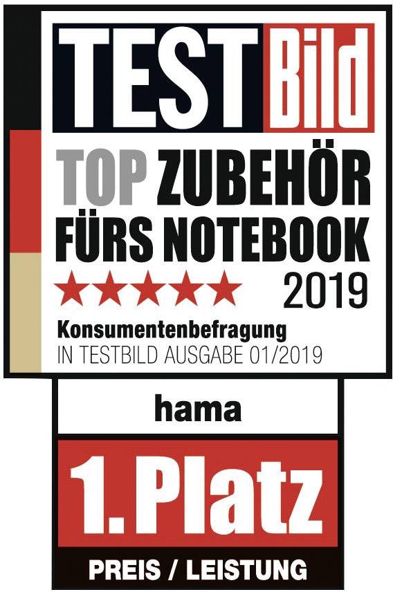 'Auszeichnung: TESTBild Top Zubehör fürs Notebook 2019, Konsumentenbefragung. Hama 1. Platz in Preis/Leistung.'