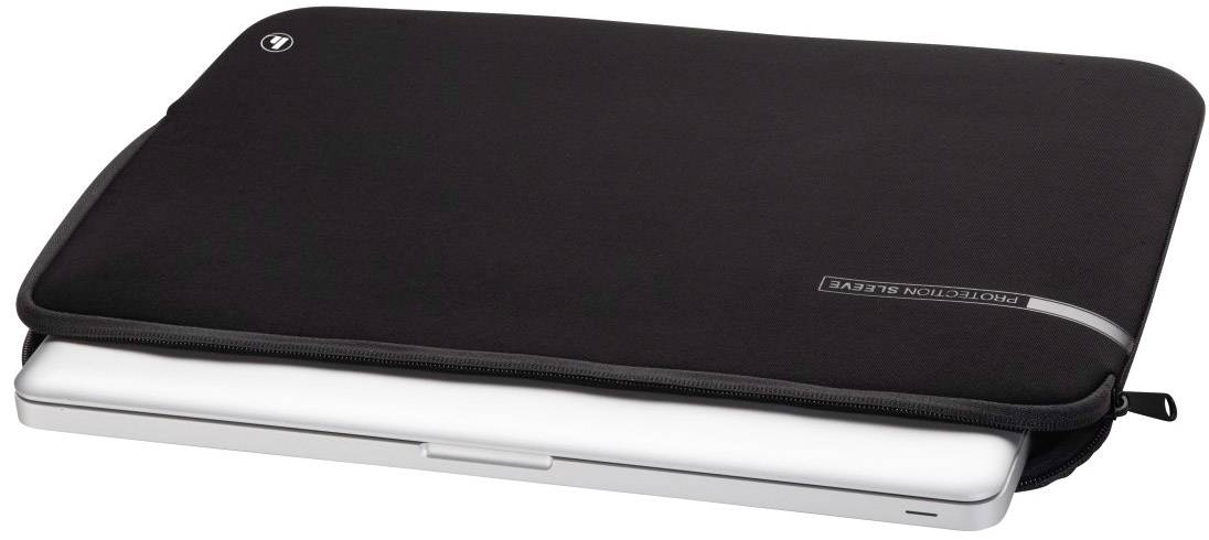 Eine schwarze Computertasche, teilweise geöffnet, zeigt einen darin liegenden silbernen Laptop.