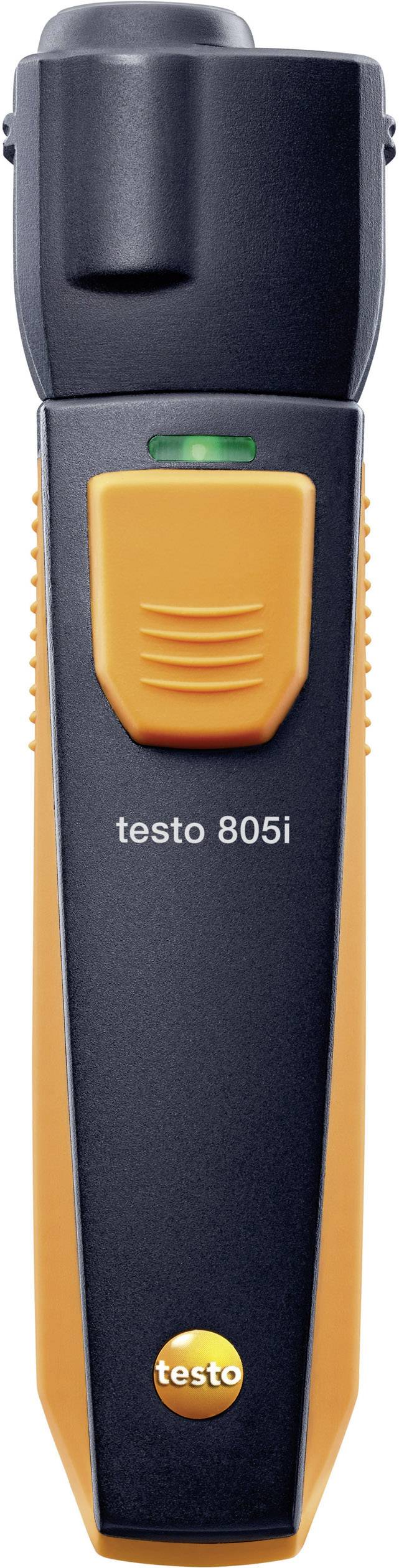 Ein schwarzes und orangefarbenes Infrarot-Thermometer von testo, Modell 805i, mit einem grünen Indikator oben.