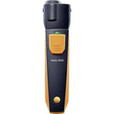 Ein schwarzes und orangefarbenes Infrarot-Thermometer von testo, Modell 805i, mit einem grünen Indikator oben.