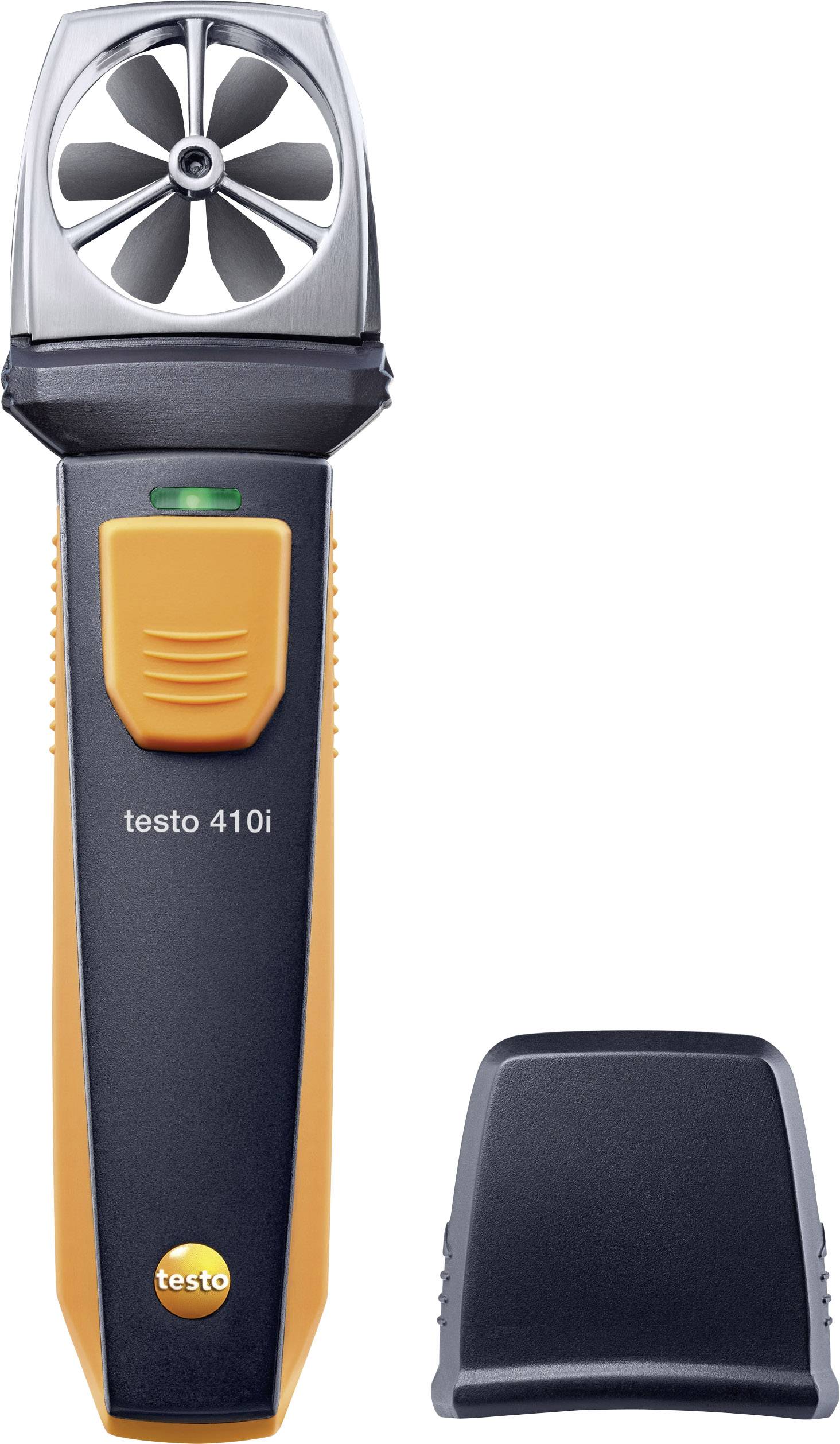 Ein digitales Anemometer mit kleinem Propeller oben. Das Gerät ist schwarz und orange mit der Aufschrift 'testo 410i'.