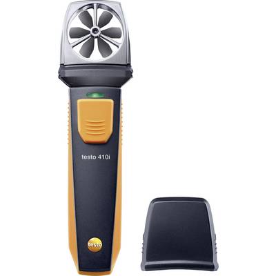 Ein digitales Anemometer mit kleinem Propeller oben. Das Gerät ist schwarz und orange mit der Aufschrift 'testo 410i'.