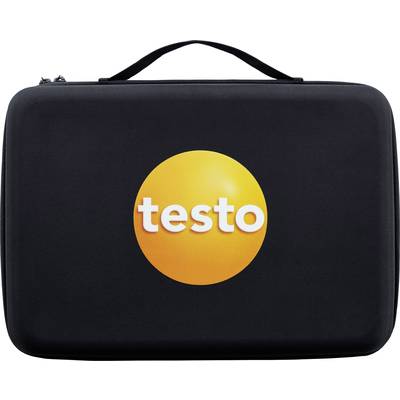 Schwarzer Koffer mit orangefarbenem Logo und dem Wort 'testo' darauf.