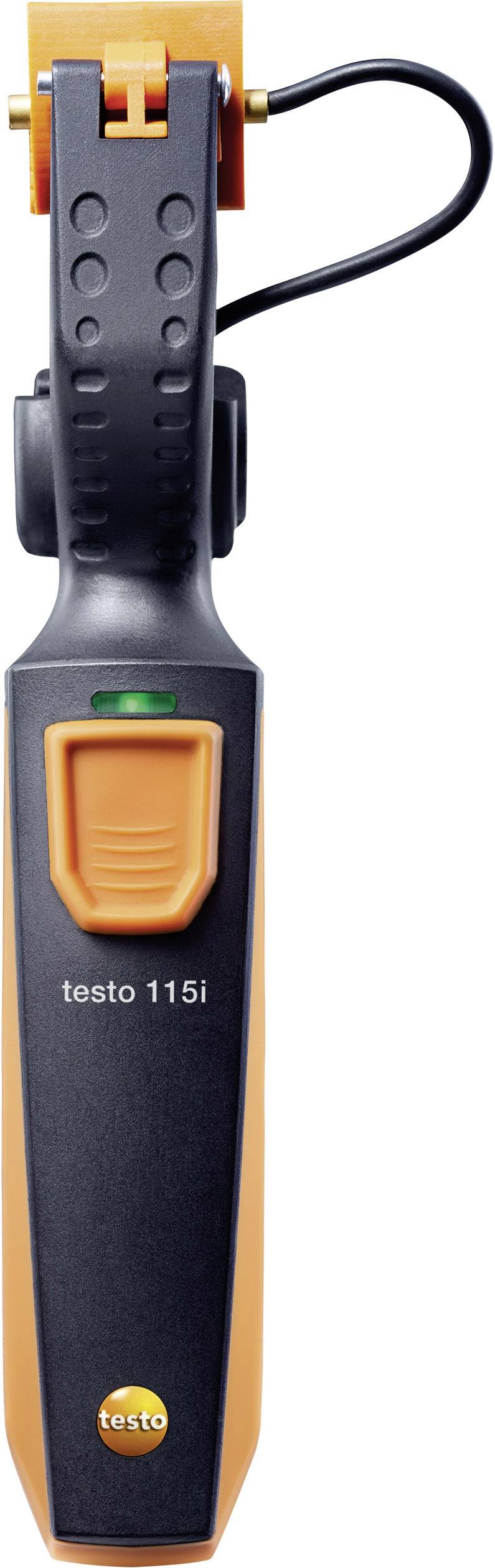Kompakte Zange eines digitalen Messgeräts, Modell 'testo 115i', in Schwarz und Orange, mit grün leuchtendem Display.