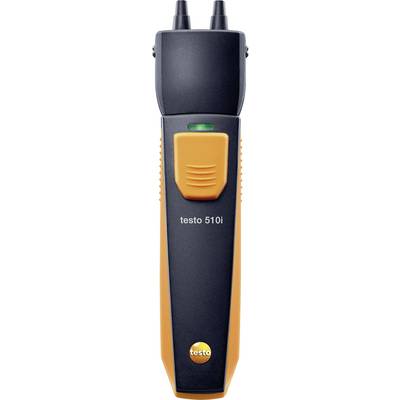 Druckmessgerät mit digitaler Anzeige, schwarzes und orangefarbiges Design, mit zwei oberen Anschlussstutzen, Modell 'testo 510i'.