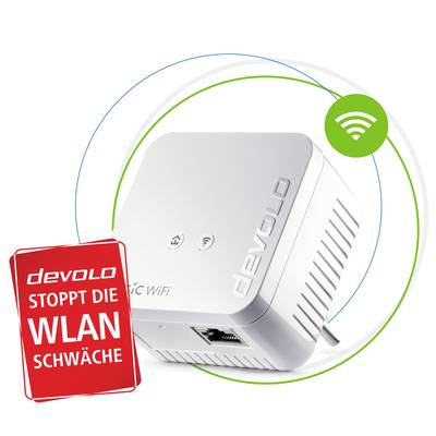 WLAN-Verstärker, beschriftet mit 'STOPPT DIE WLAN SCHWÄCHE', zeigt ein Symbol für kabelloses Netzwerk. Produkt ist von devolo.
