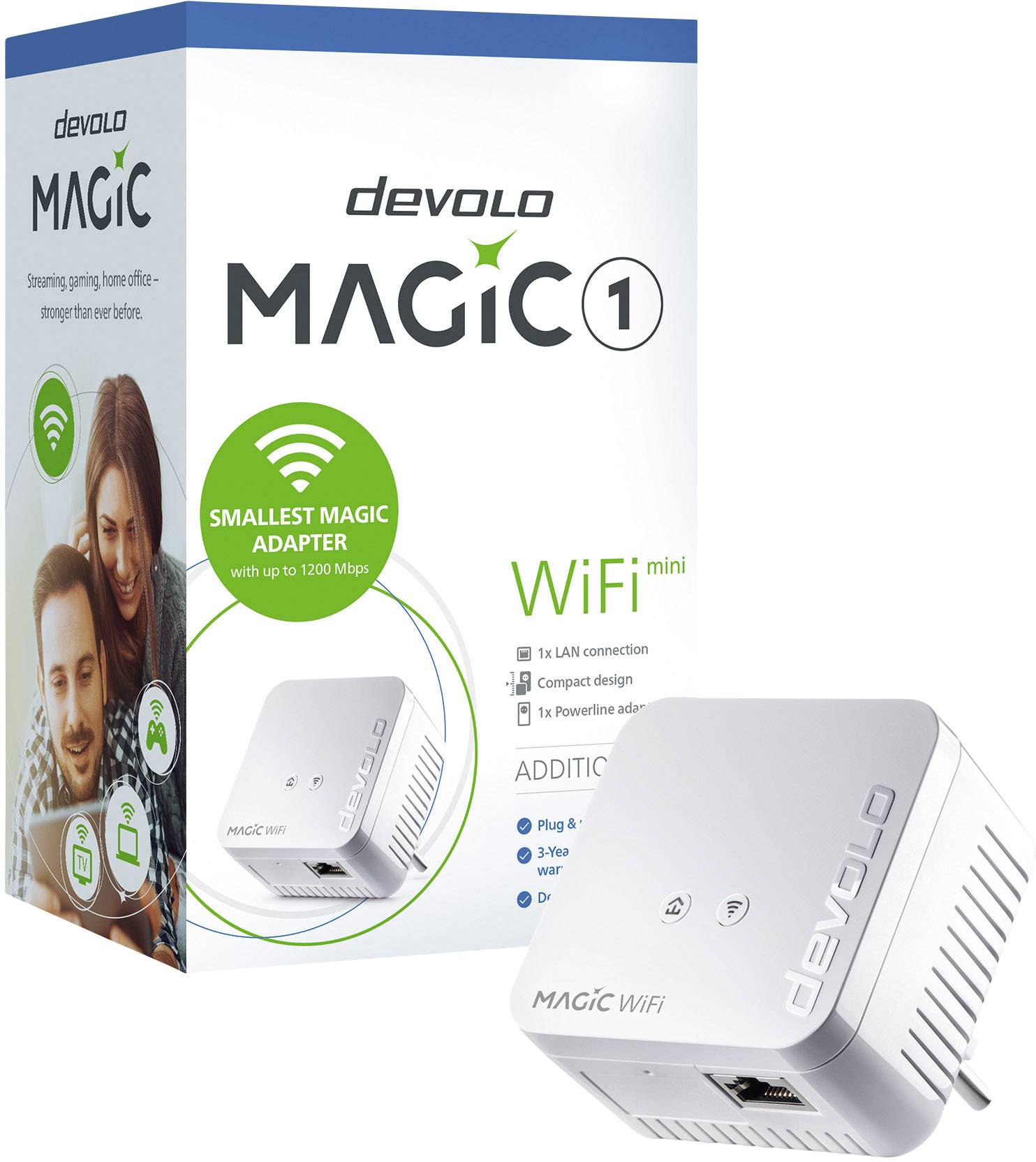 Verpackung eines 'devolo Magic 1 WiFi mini'-Adapters. Zeigt Bild von Gerät, Spezifikationen und Vorteile wie 'bis zu 1200 Mbit/s'.