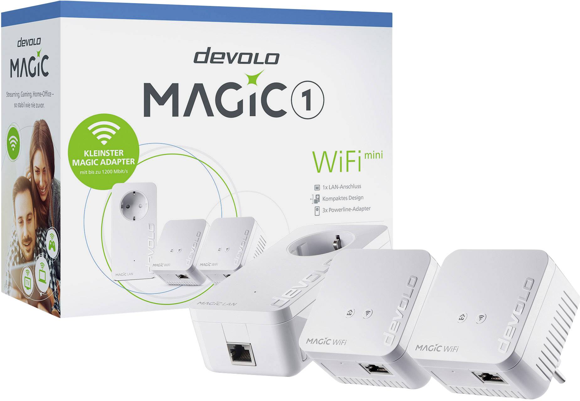 'Devolo Magic 1 WiFi mini Starter Kit' Verpackung mit zwei weißen Powerline-Adaptern zur drahtlosen Internetverbindung in Haushalten.