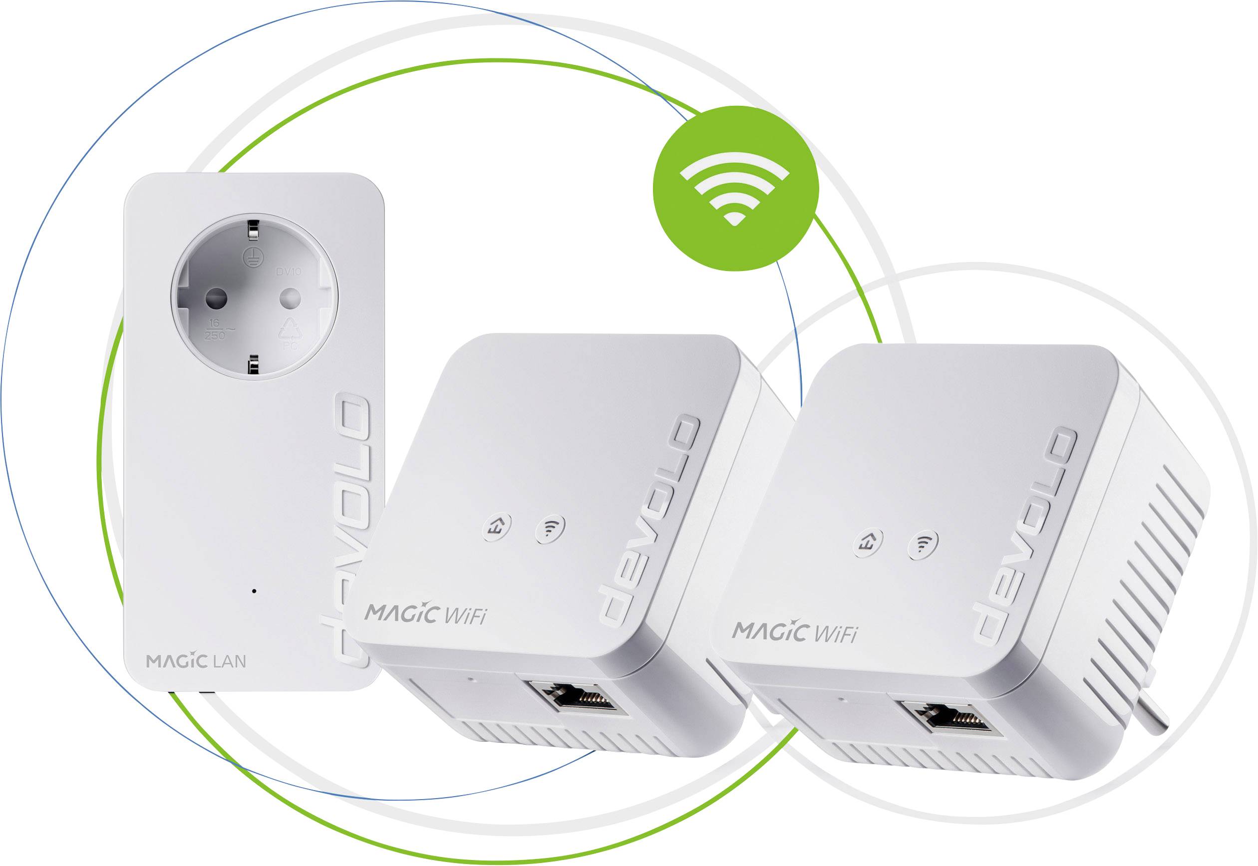 Zwei weiße Devolo Powerline-Adapter und ein LAN-Adapter, verbunden, um WiFi-Signale über das Stromnetz zu verstärken.