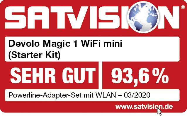 'Testergebnis: SEHR GUT, 93,6 %. Produkt: Devolo Magic 1 WiFi mini (Starter Kit). Kategorie: Powerline-Adapter-Set mit WLAN, 03/2020.'