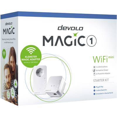 Das Bild zeigt das Devolo Magic 1 WiFi mini Starter Kit, bestehend aus einem Magic LAN-Adapter und einem kompakten Powerline-Adapter. Entwickelt in Deutschland.