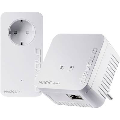Weißer Powerline-Adapter von devolo mit Steckdose und Ethernet-Anschluss. Links: Adapter mit Steckdose. Rechts: Adapter mit WLAN-Symbolen.
