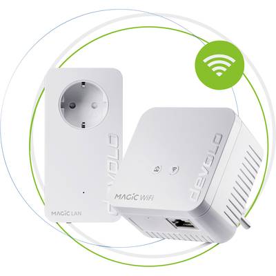 Zwei weiße Powerline-Adapter von Devolo für LAN und WLAN, mit physischem Netzschalter, grünem WiFi-Symbol links oben, auf weißem Hintergrund.