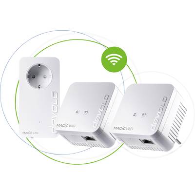 Drei weiße Devolo-WiFi-Adapter: ein Adapter mit Steckdose und zwei mit Ethernetanschluss, begleitet von einem WiFi-Symbol.