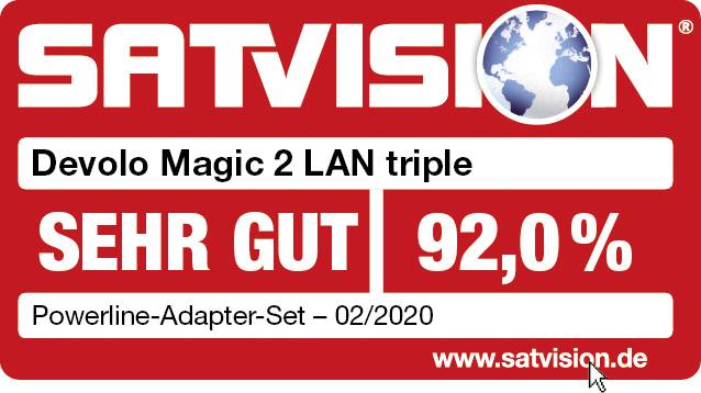 'Testurteil SEHR GUT 92,0%' Logo von SATVISION für Devolo Magic 2 LAN triple Powerline-Adapter-Set, Ausgabe 02/2020.