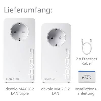 'Lieferumfang: devolo MAGIC 2 LAN triple, devolo MAGIC 2 LAN, 2 x Ethernet-Kabel, Installationsanleitung.'