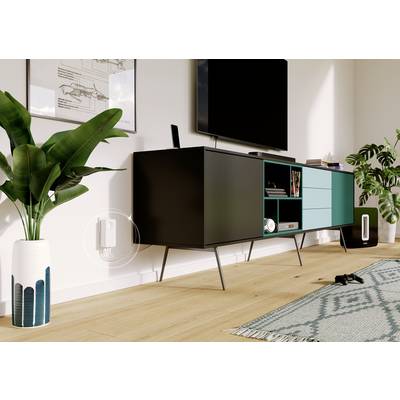 Modernes Wohnzimmer mit einem schwarzen und türkisfarbenen TV-Schrank, Pflanzen im Vordergrund und Holzfußboden.