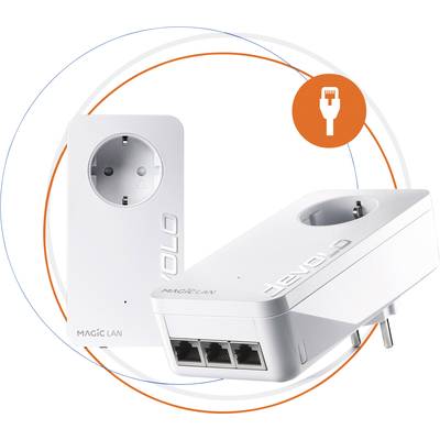 Zwei weiße Powerline-Adapter von devolo, jeweils mit Steckdose und LAN-Anschlüssen, bieten Netzwerkverbindungen über das Stromnetz.