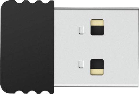 Kleiner USB-Dongle mit schwarzem Kunststoffgehäuse und metallener Steckverbindung.