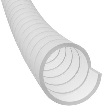 Ein transparenter, spiralgewickelter Kunststoffschlauch mit glatter Oberfläche und sichtbarer Verstärkung entlang der Spirale.