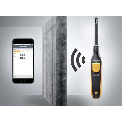 Ein Gerät misst Temperatur und Luftfeuchtigkeit. Die Werte werden drahtlos auf einem Smartphone angezeigt: 22,3°C und 48,7% relativ.