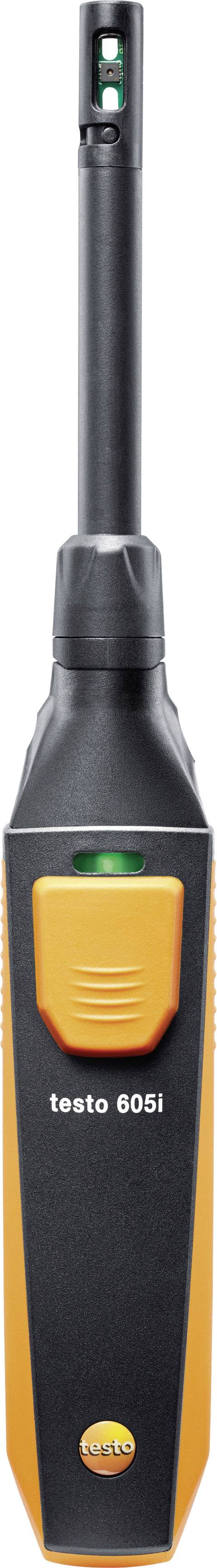 Ein digitales Messgerät mit 'testo 605i' Beschriftung, verwendet zur Messung von Temperatur und Feuchtigkeit, schwarz-orange Farben.