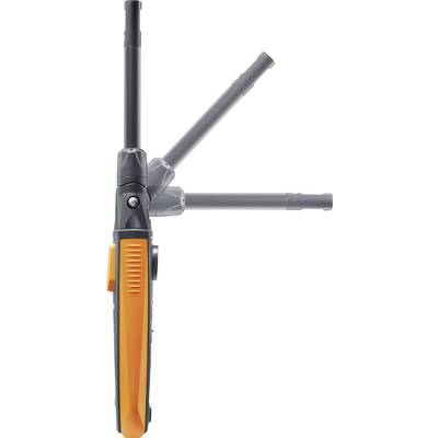 Ein Walkie-Talkie mit orangenem Gehäuse und ausklappbarer Antenne, die in drei Positionen gezeigt wird.