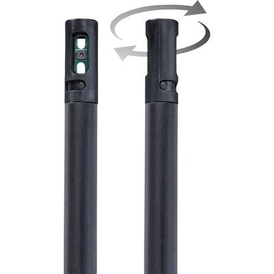 Zwei schwarze Teleskopstangen nebeneinander. Links: mit einer Auslösetaste. Rechts: mit einem drehbaren Mechanismus.