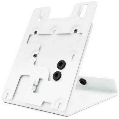 Ein zusammenklappbarer Ständer mit verstellbaren Halterungen, geeignet für Tablets oder kleine Displays, aus weißem Material.